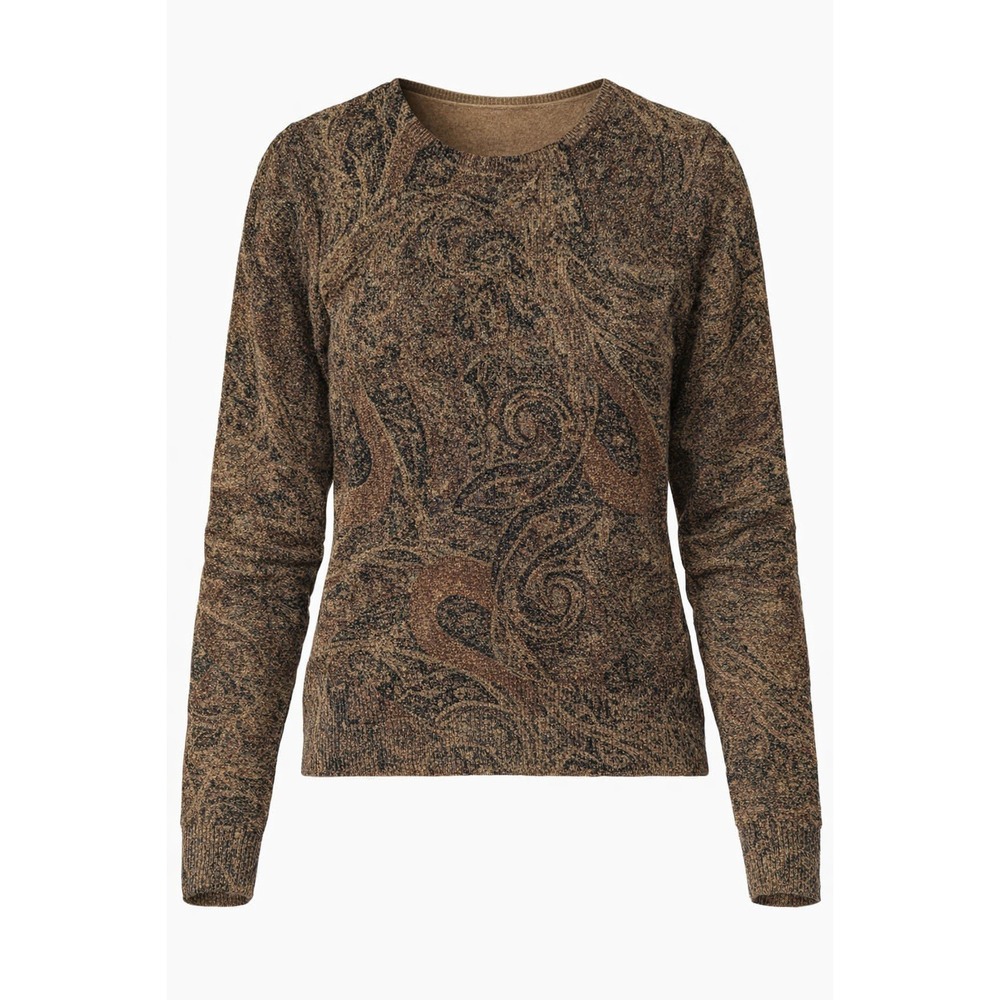 Lauren Ralph Lauren Silk Cashmere Paisley Metallic Sweater Brown Gold Petite Med